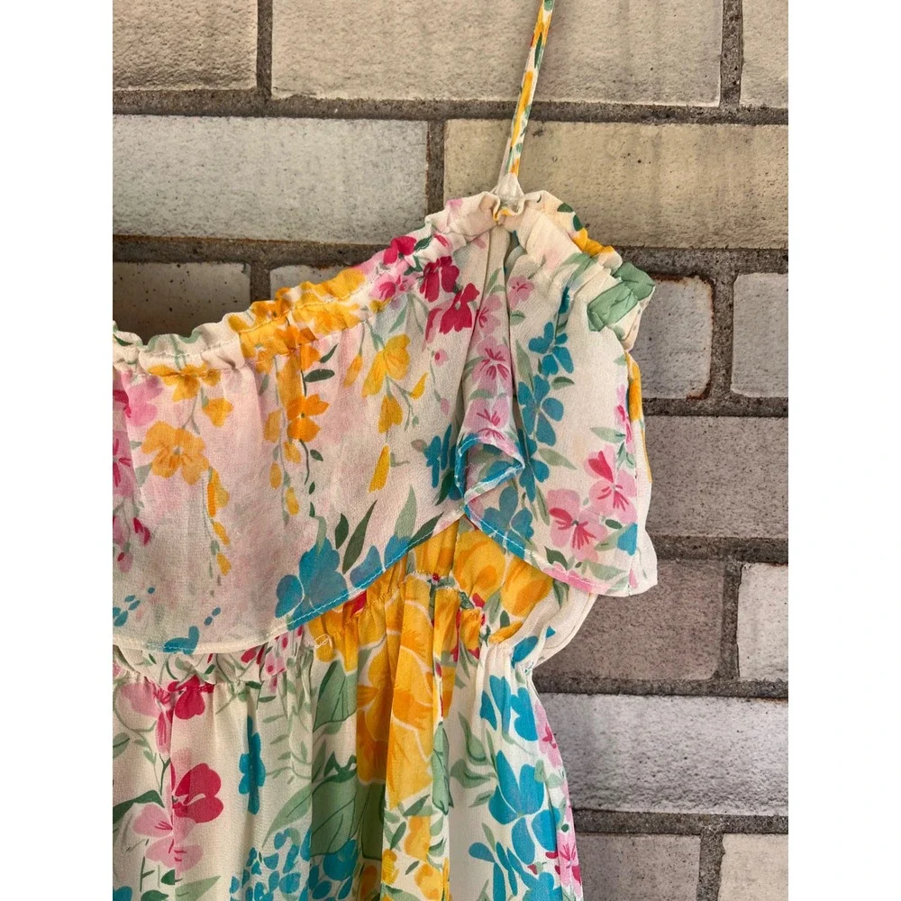 Yumi Kim Floral Silk Ruffle Mini Dress Ivory Pink Yellow Blue Medium - Picture 3 of 9